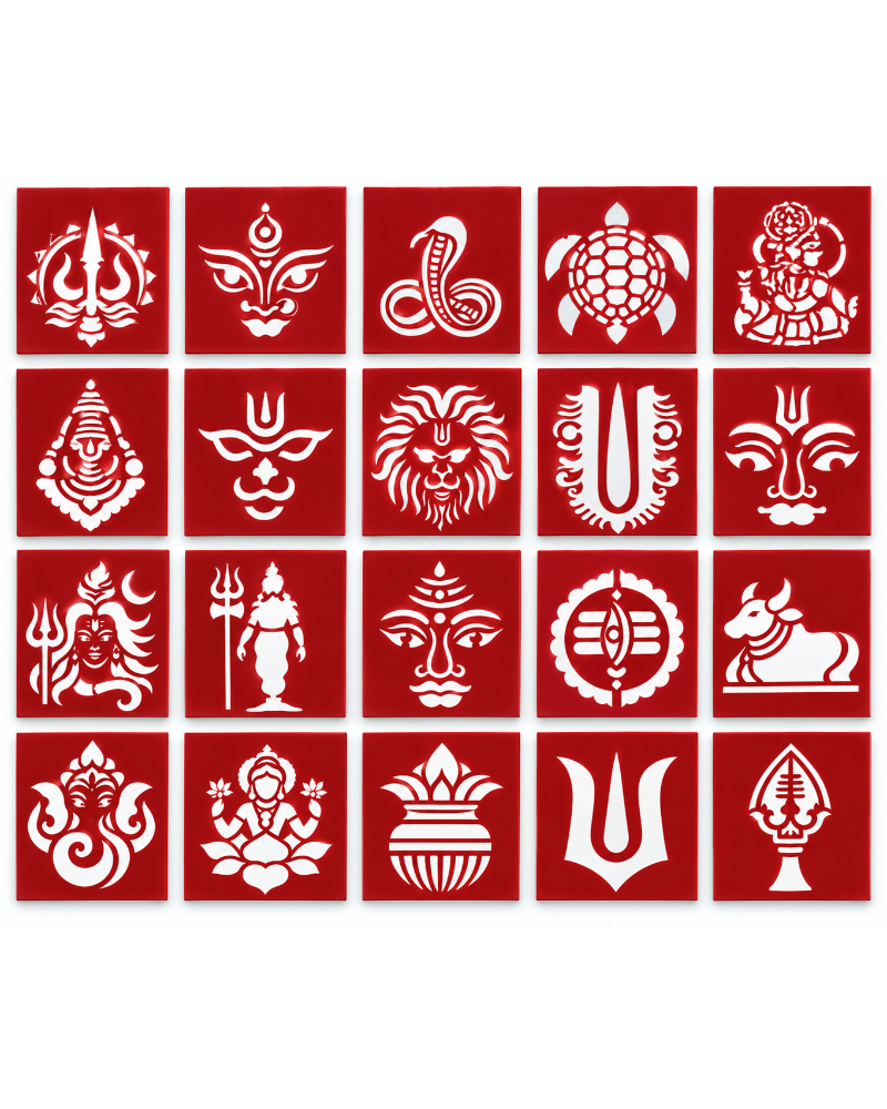 Combo P_20 | Traditional Pooja Coconut Decoration Stencil Set | Reusable Velvet Stencils for Festivals & Religious Ceremonies | Assorted Divine Designs | Pack of 20