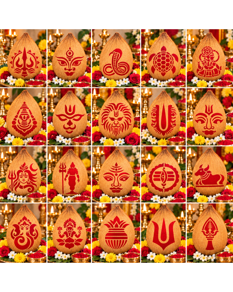 Combo P_20 | Traditional Pooja Coconut Decoration Stencil Set | Reusable Velvet Stencils for Festivals & Religious Ceremonies | Assorted Divine Designs | Pack of 20