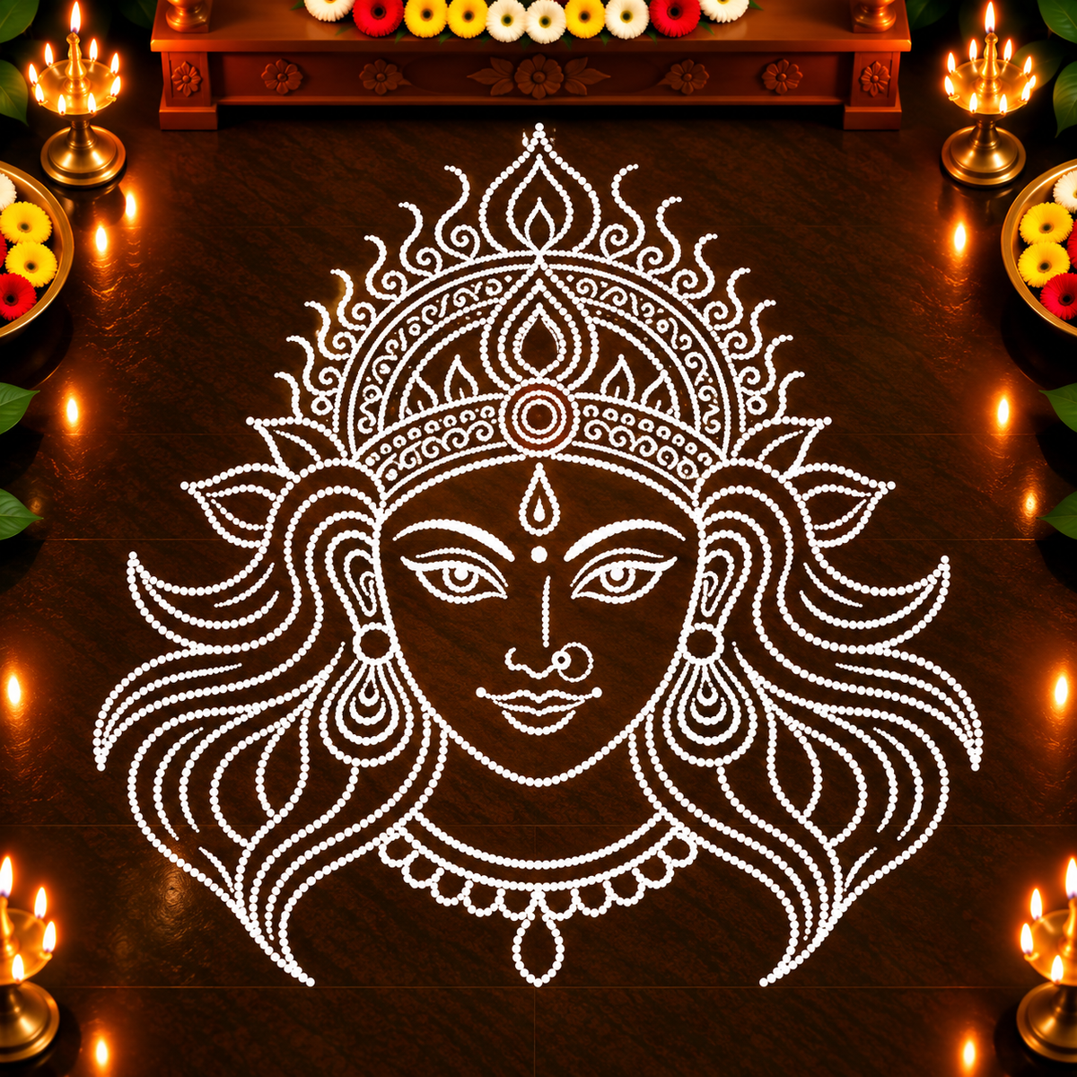 Devi Face Flex_ 2.5 Feet × 2 Feet _ Rangoli Stencil – Goddess Face Design for Pooja, Temple & Festival Decorations | 2.5 Feet × 2 Feet