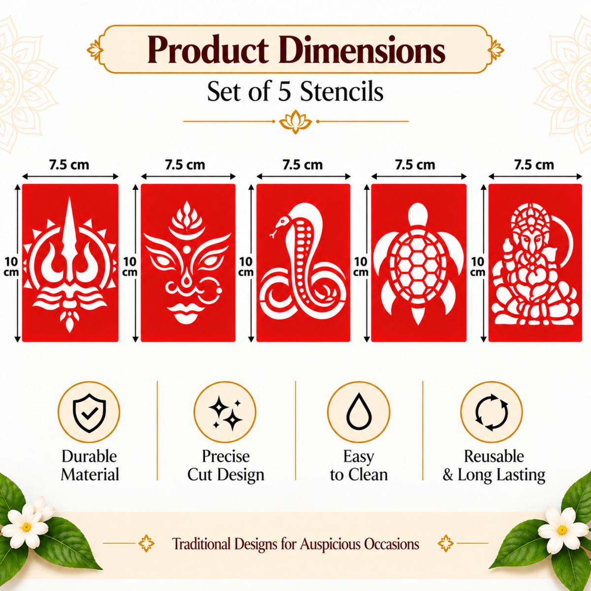 Combo 3| Divine Symbol Coconut Decoration Stencil Set | Reusable Velvet Stencils for Pooja & Festivals | Trishul, Om, Naga, Kurma & Krishna Designs | Pack of 5