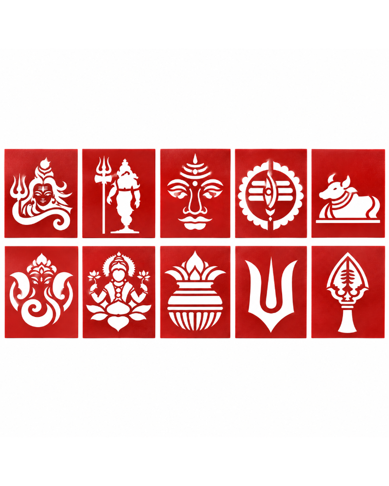 Combo P_10_01 | Traditional Pooja Coconut Decoration Stencil Set | Reusable Velvet Stencils for Festivals & Religious Ceremonies | Assorted Divine Designs | Pack of 10