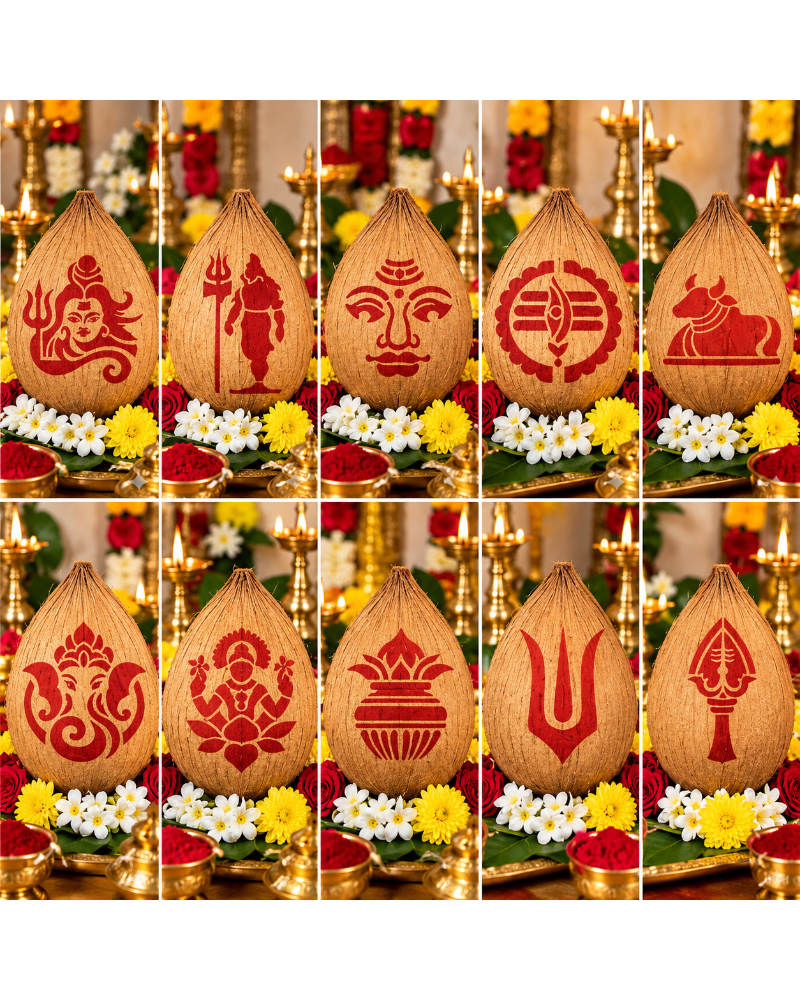 Combo P_10_01 | Traditional Pooja Coconut Decoration Stencil Set | Reusable Velvet Stencils for Festivals & Religious Ceremonies | Assorted Divine Designs | Pack of 10