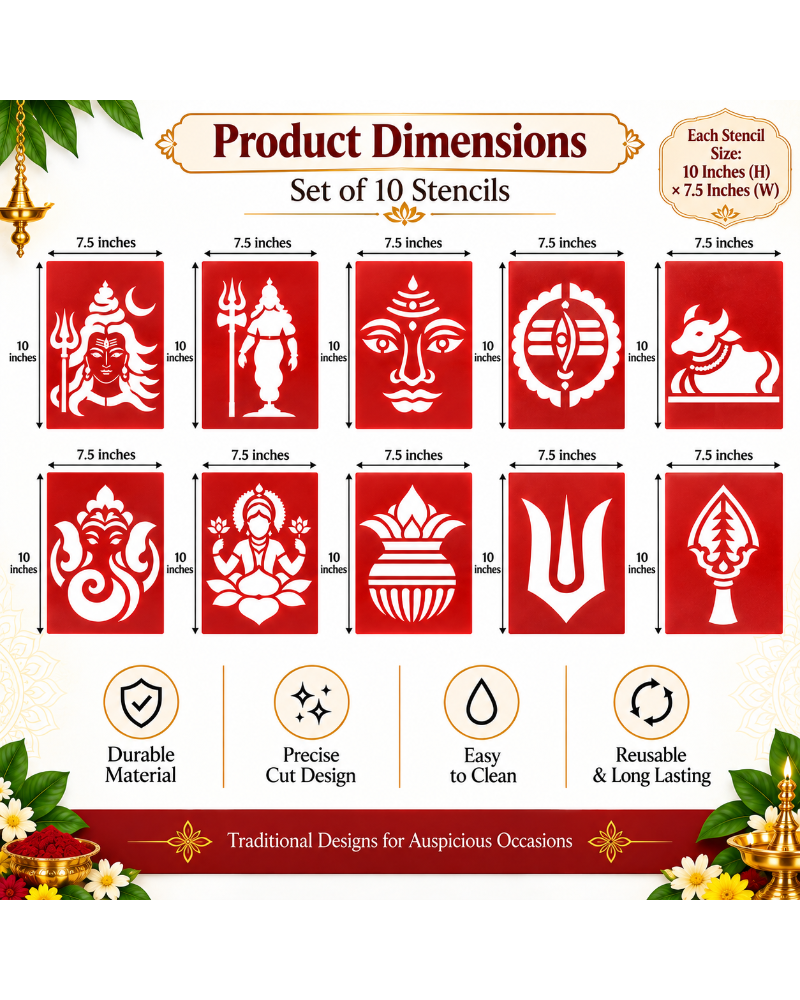 Combo P_10_01 | Traditional Pooja Coconut Decoration Stencil Set | Reusable Velvet Stencils for Festivals & Religious Ceremonies | Assorted Divine Designs | Pack of 10