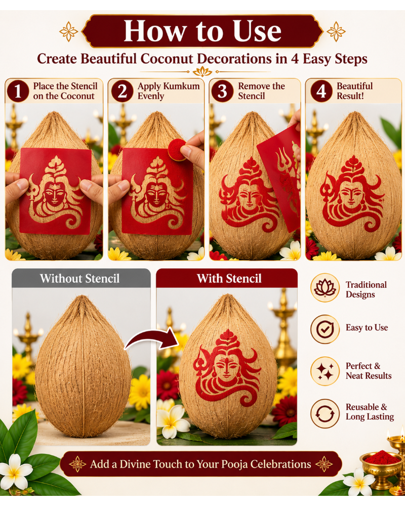 Combo P_10_01 | Traditional Pooja Coconut Decoration Stencil Set | Reusable Velvet Stencils for Festivals & Religious Ceremonies | Assorted Divine Designs | Pack of 10