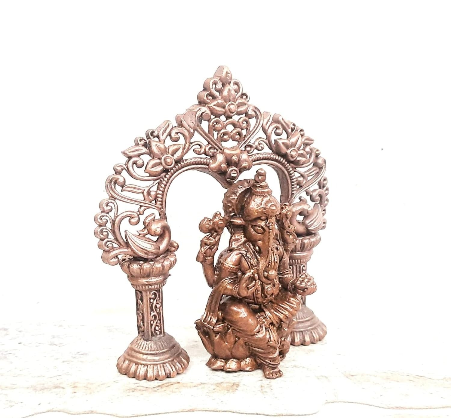 Brownish-Orange Copper Idols Of God Ganesh With Prabhavalli By Unikraf , Handmade 3.5 Inch, 210 Gram, Patina Antique Finish, Pack Of 1 Piece