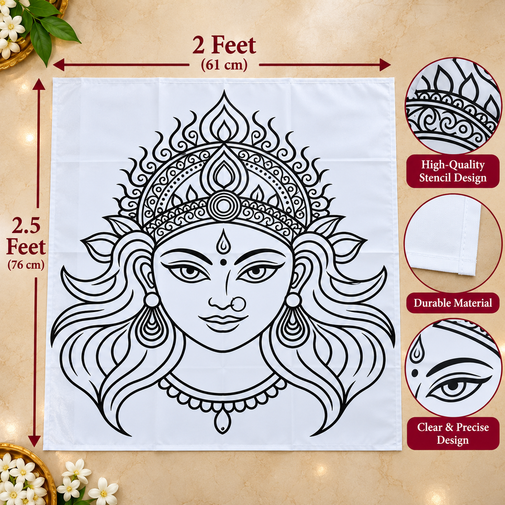 Devi Face Flex_ 2.5 Feet × 2 Feet _ Rangoli Stencil – Goddess Face Design for Pooja, Temple & Festival Decorations | 2.5 Feet × 2 Feet