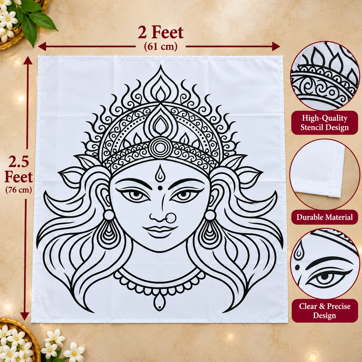 Devi Face Flex_ 2.5 Feet × 2 Feet _ Rangoli Stencil – Goddess Face Design for Pooja, Temple & Festival Decorations | 2.5 Feet × 2 Feet