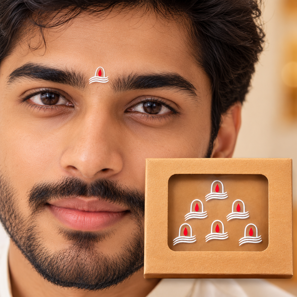 Premium Shiv Tilak Designer Bindi Set – White & Red Traditional Bindis - 6 Bindis Sticker