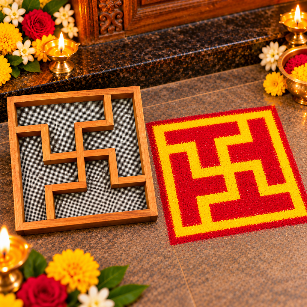 Teak Wood Stainless Steel Net Swasthik Rangoli Stencil – 7 Inches