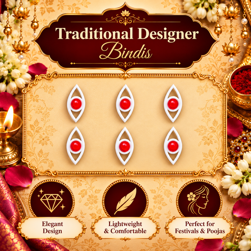 Divine Drishti Eye Designer Bindi Set of 6 Stickers  | Traditional White & Red Protective Bindis for Pooja & Festivals