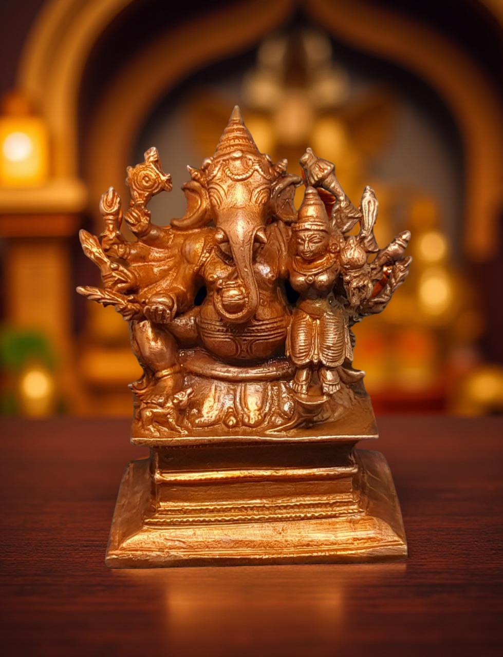 Brownish-Orange Copper Idols India, 3.5 Inches, Handmade Lakshmi Ganesh 560 Gram, Patina Antique Finish, Pack Of 1 Piece
