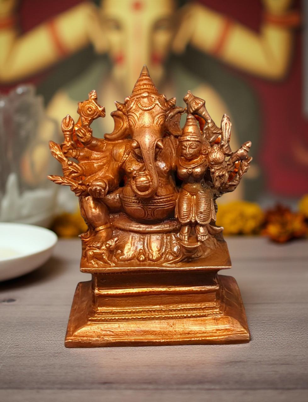 Brownish-Orange Copper Idols India, 3.5 Inches, Handmade Lakshmi Ganesh 560 Gram, Patina Antique Finish, Pack Of 1 Piece