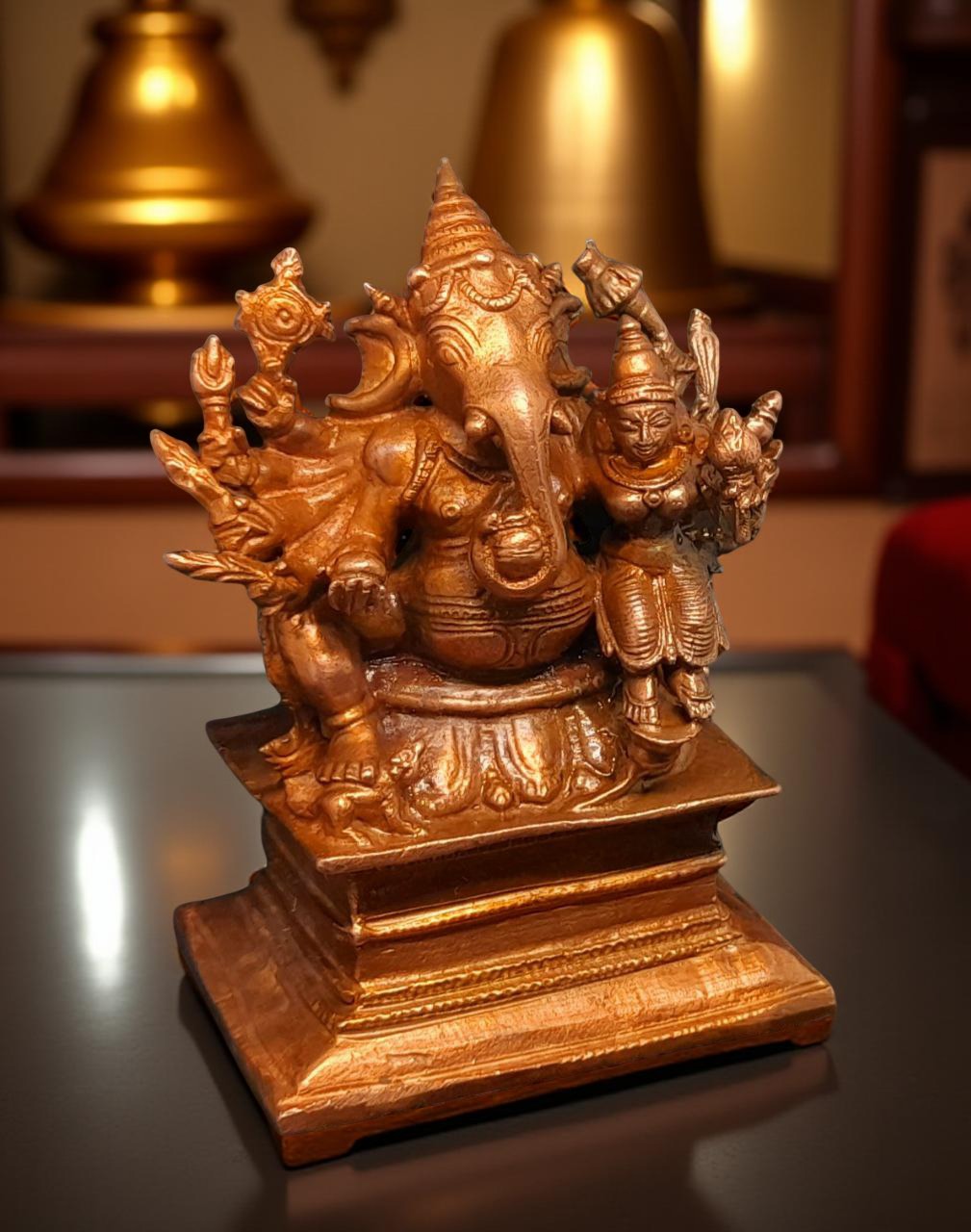 Brownish-Orange Copper Idols India, 3.5 Inches, Handmade Lakshmi Ganesh 560 Gram, Patina Antique Finish, Pack Of 1 Piece
