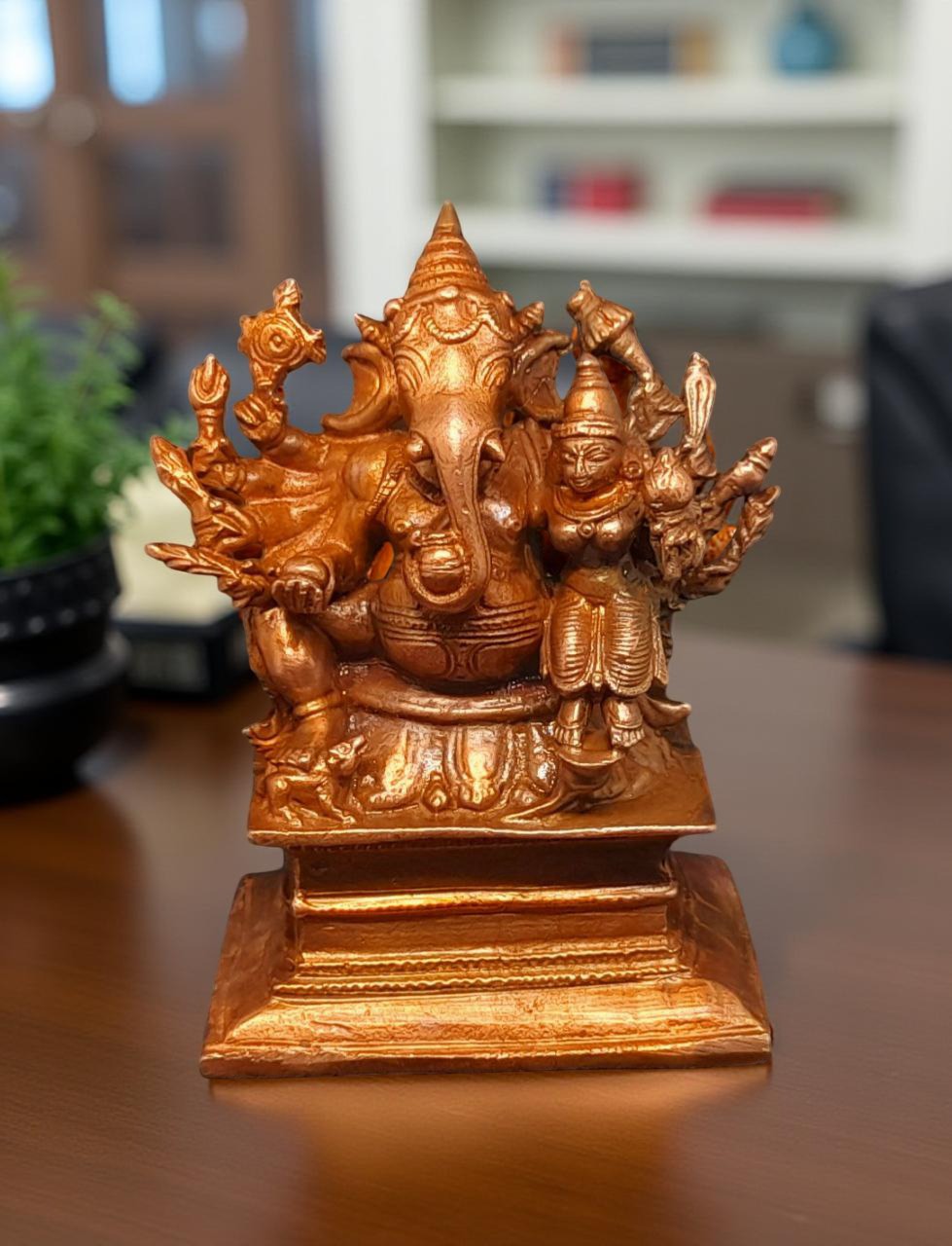 Brownish-Orange Copper Idols India, 3.5 Inches, Handmade Lakshmi Ganesh 560 Gram, Patina Antique Finish, Pack Of 1 Piece