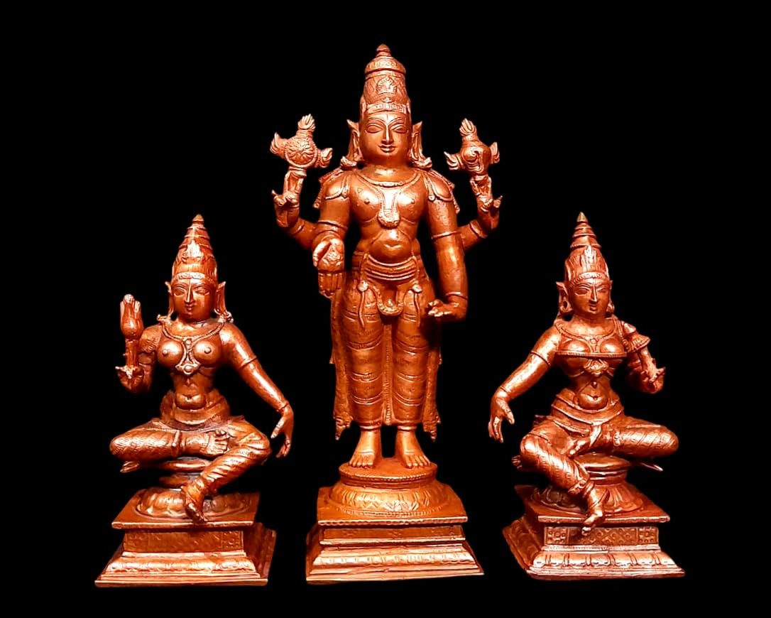 Brownish-Orange Copper Idols Of God Srinivasa Perumal With Sridevi And Bhudevi By Unikraf , 6.2 Inches, 1.635 Kg, Patina Antique Finish, Pack Of 3 Piece