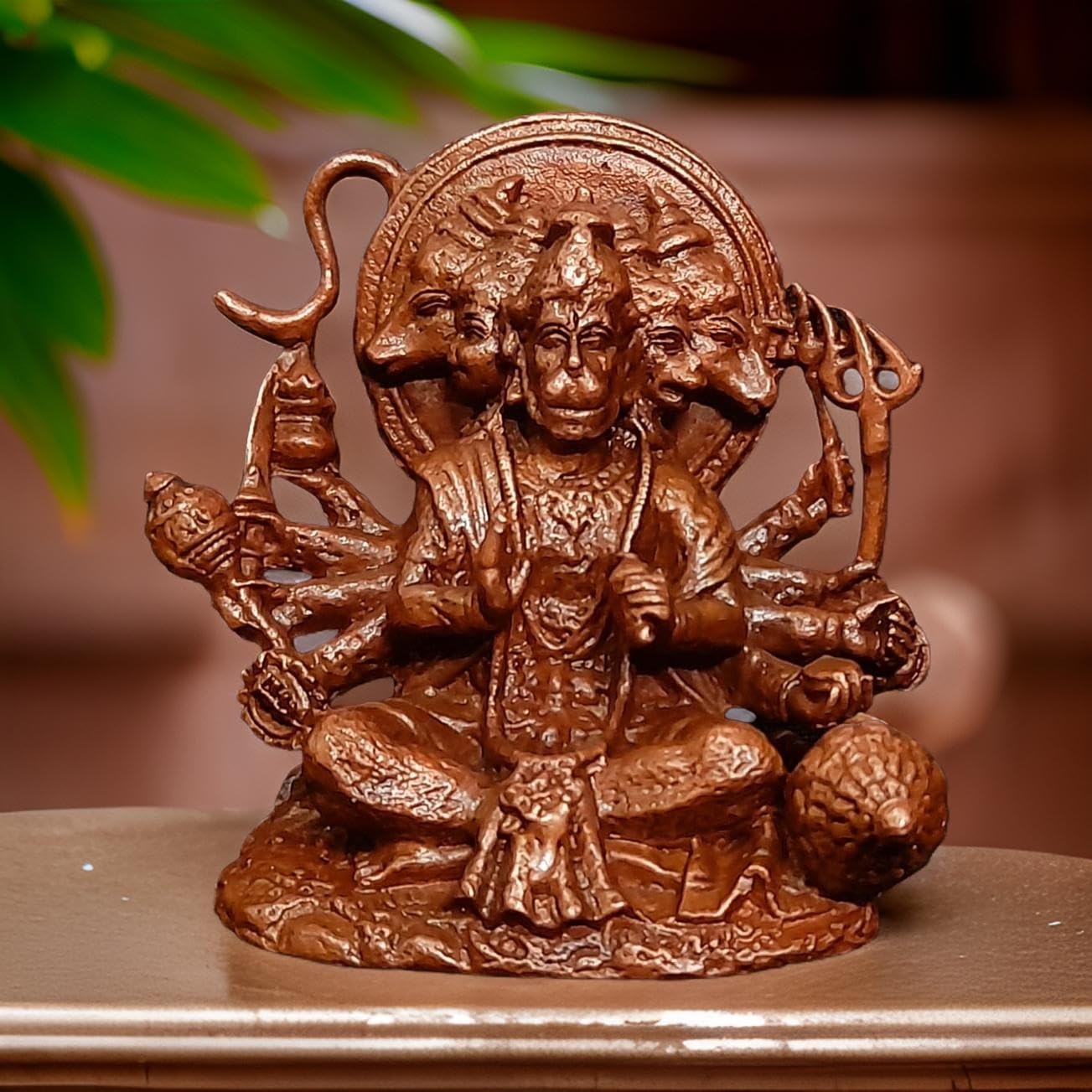 Brown Copper God Idols Sitting Panchamuka Hanuman, 2.9 Inches, 470G, Patina Antique Finish, Pack Of 1 Piece