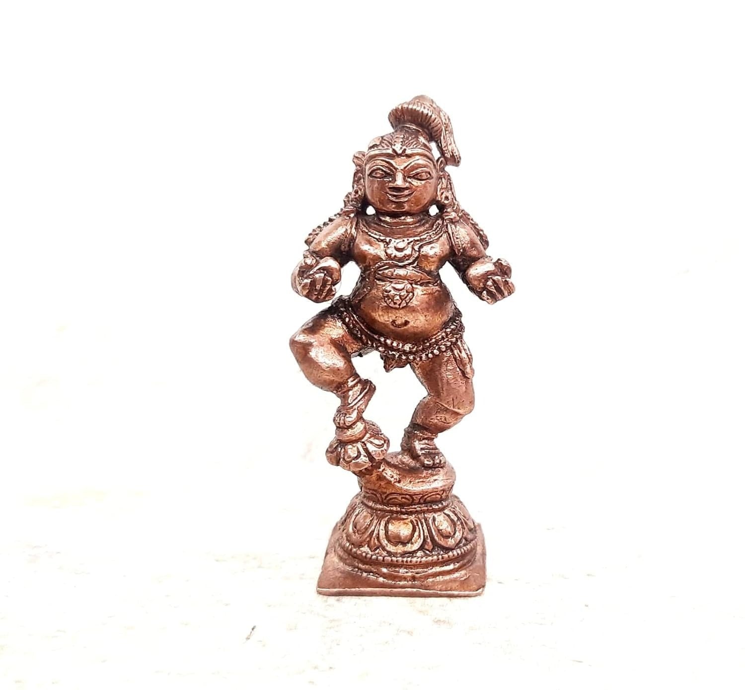 Brownish-Orange Copper Idols India, 2.4 Inches, Handmade Krishna With Laddu 63 Gram, Patina Antique Finish, Pack Of 1 Piece