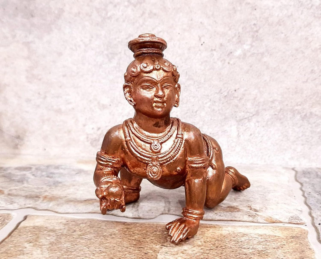 Sacred Bal Krishna Temple-Style Solid Copper Idol – 4.1 Inch | 860g | Antique Patina Finish