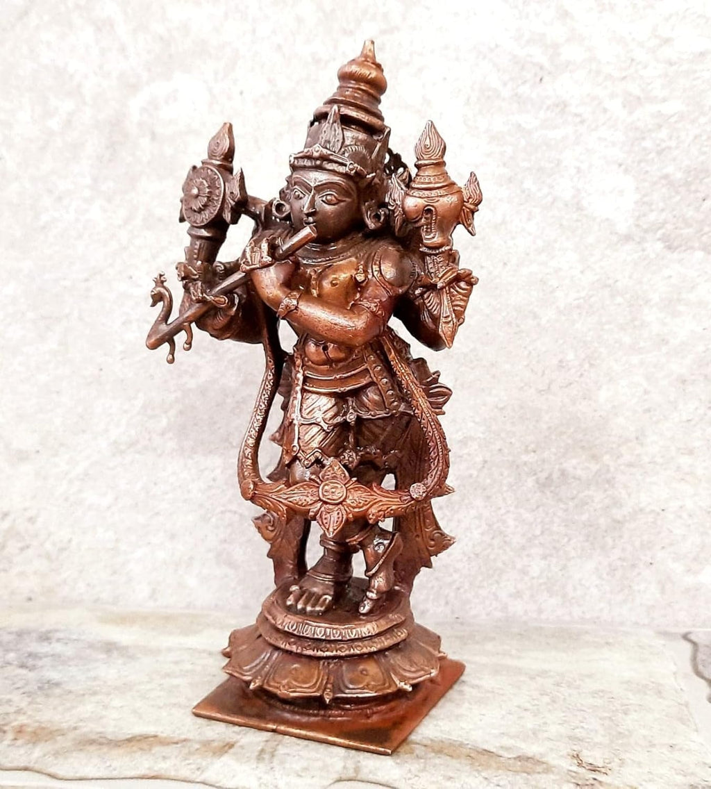 Sacred Copper Standing Venugopal Swamy Idol – 5.7 Inches, 700 Grams, Handmade Patina Antique Finish, Pack of 1 Piece