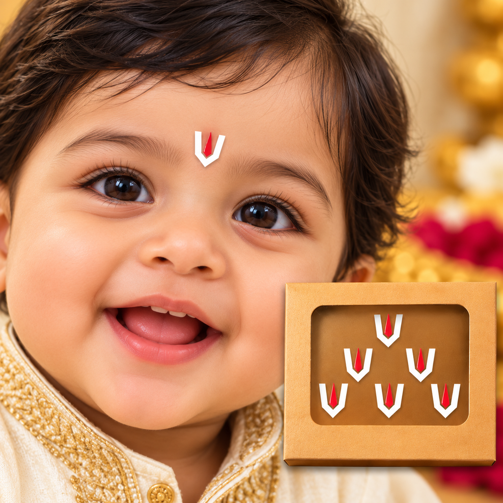 Vaishnav Namam Designer Bindi Set – White & Red Traditional Forehead Bindis (6 Bindis Stickers)