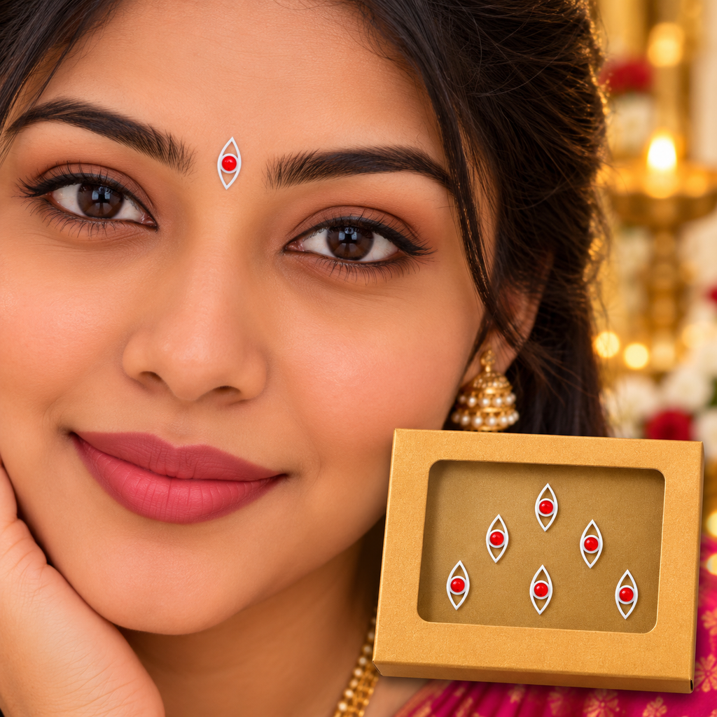 Divine Drishti Eye Designer Bindi Set of 6 Stickers  | Traditional White & Red Protective Bindis for Pooja & Festivals