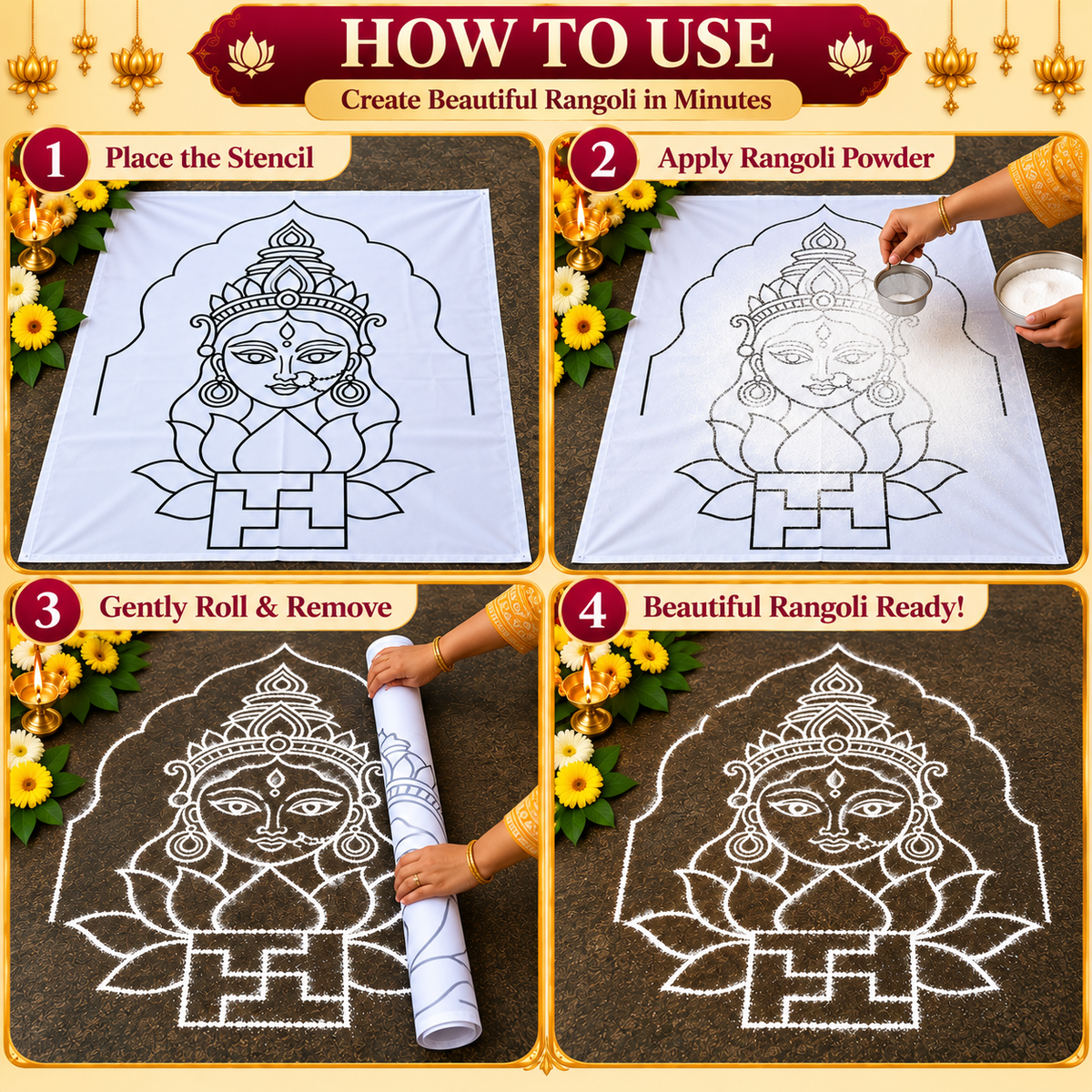 Swasthi Devi Flex Stencil | Traditional Devi Face Design for Pooja & Temple Decorations | Unikraf