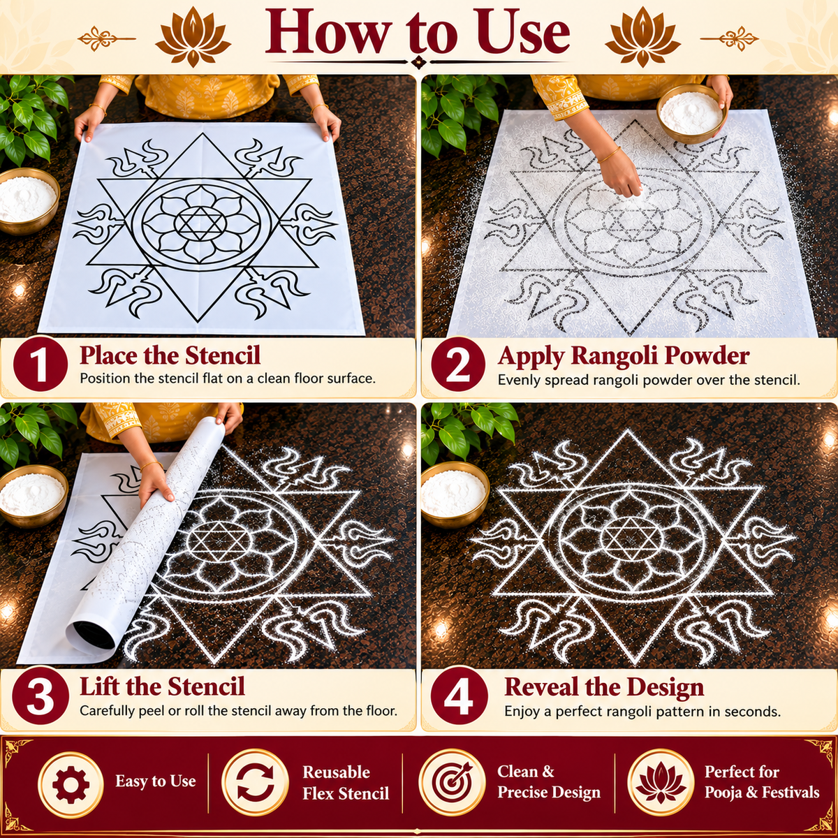 Aghoram _3 feet  Flex Stencil | Traditional Shiva Trishul Kolam Design