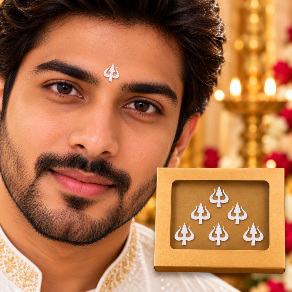 Shiva Trishul Forehead Bindis – Premium White Sticker Set (Pack of 5 Bindis Stickers )
