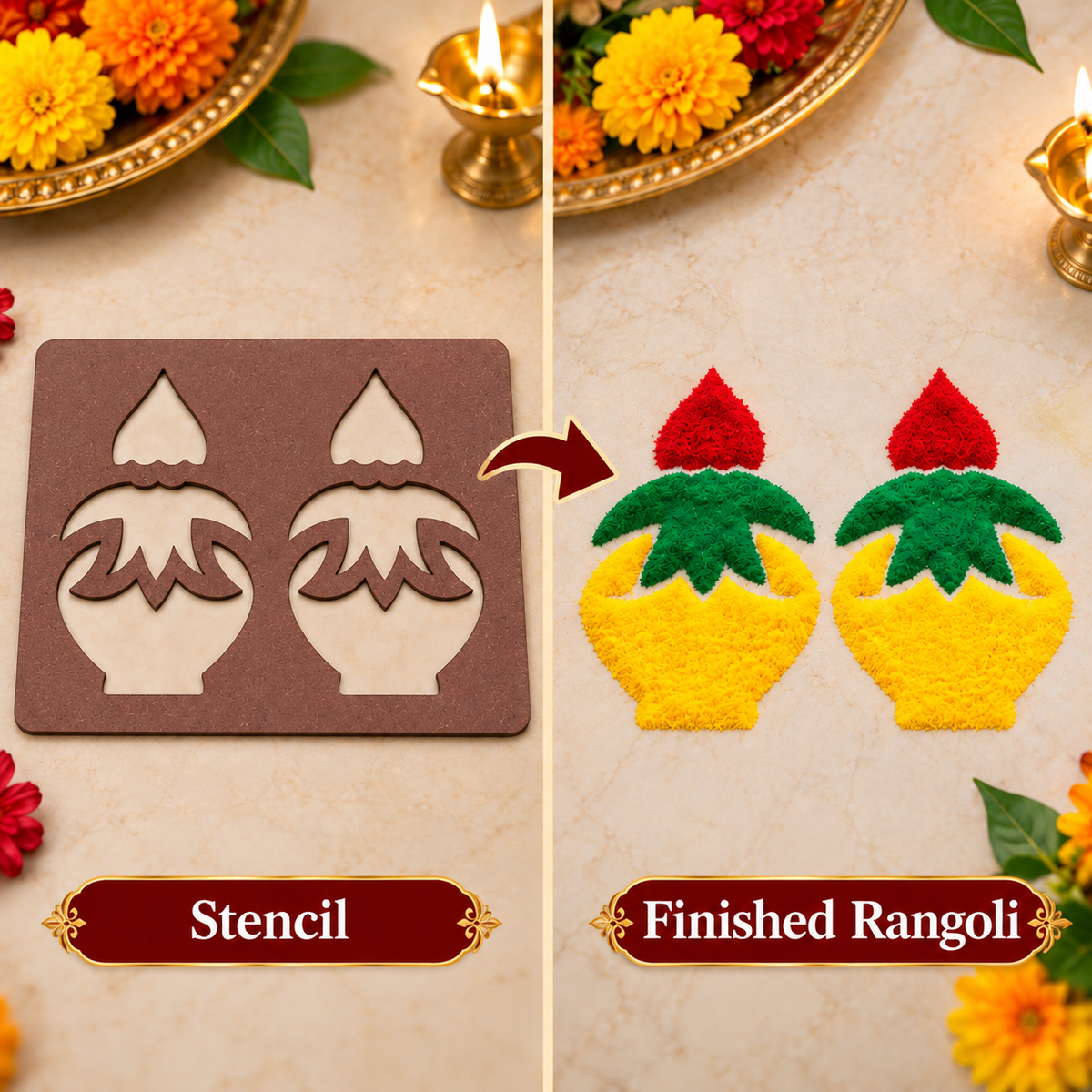 Kalash MDF Rangoli Stencil | Traditional Kalash Kolam Design | Reusable Pooja & Festival Stencil