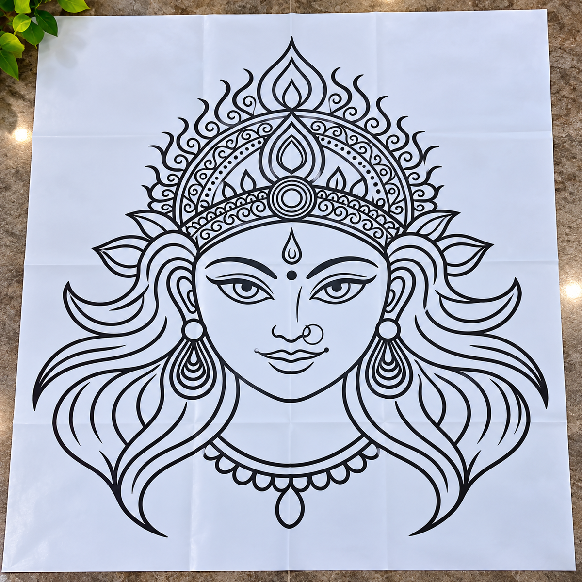 Devi Face Flex_ 2.5 Feet × 2 Feet _ Rangoli Stencil – Goddess Face Design for Pooja, Temple & Festival Decorations | 2.5 Feet × 2 Feet