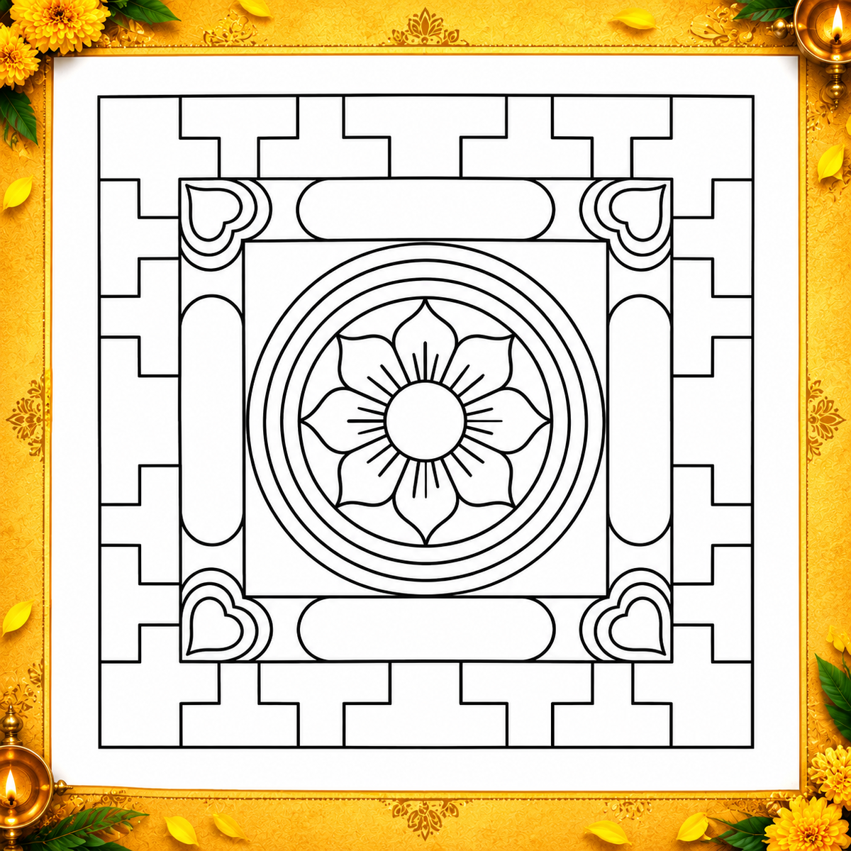 Bhadrakam Flex Stencil _3.5 Feet x3.5 feet| Traditional Floral Mandala Kolam Design | Reusable Rangoli Stencil for Pooja, Festivals & Spiritual Decor