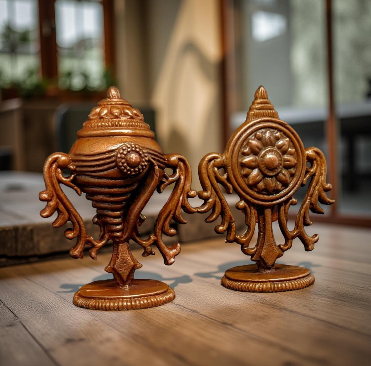 Brownish-Orange Copper Idols Of God Sanghu And Chakram, 1.9 Inch, 62G, Patina Antique Finish, Pack Of 2 Piece