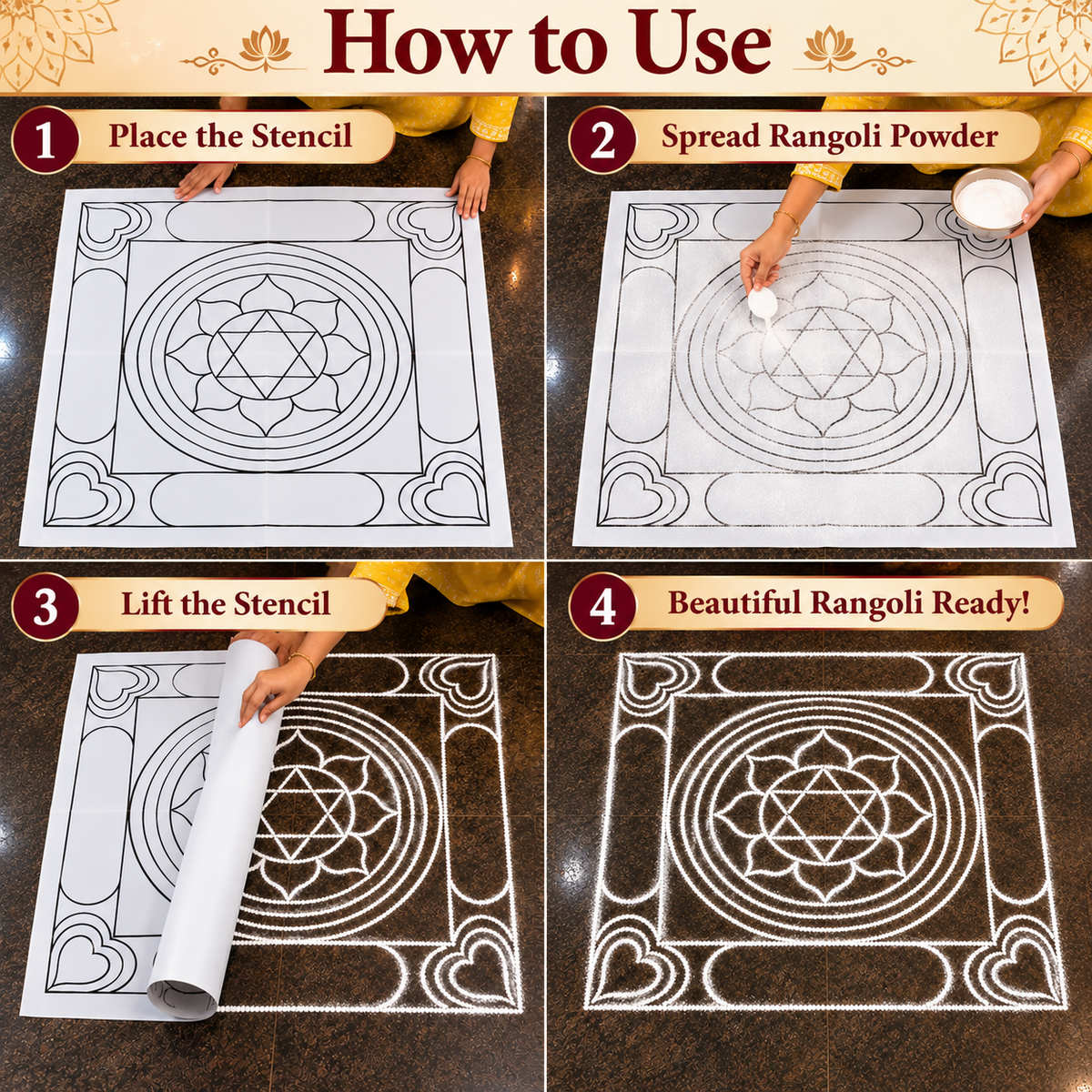 Ashtadhalam with Shatkonam Flex Stencil | Traditional Floral Mandala Kolam Design | Reusable Rangoli Stencil for Pooja, Festivals & Spiritual Decor