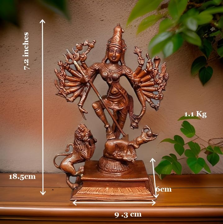 Brownish-Orange Copper Idols Of God Mahishasura Mardhini Idol, 7.8 Inches, 1.1 Kg, Patina Antique Finish, Pack Of 1 Piece