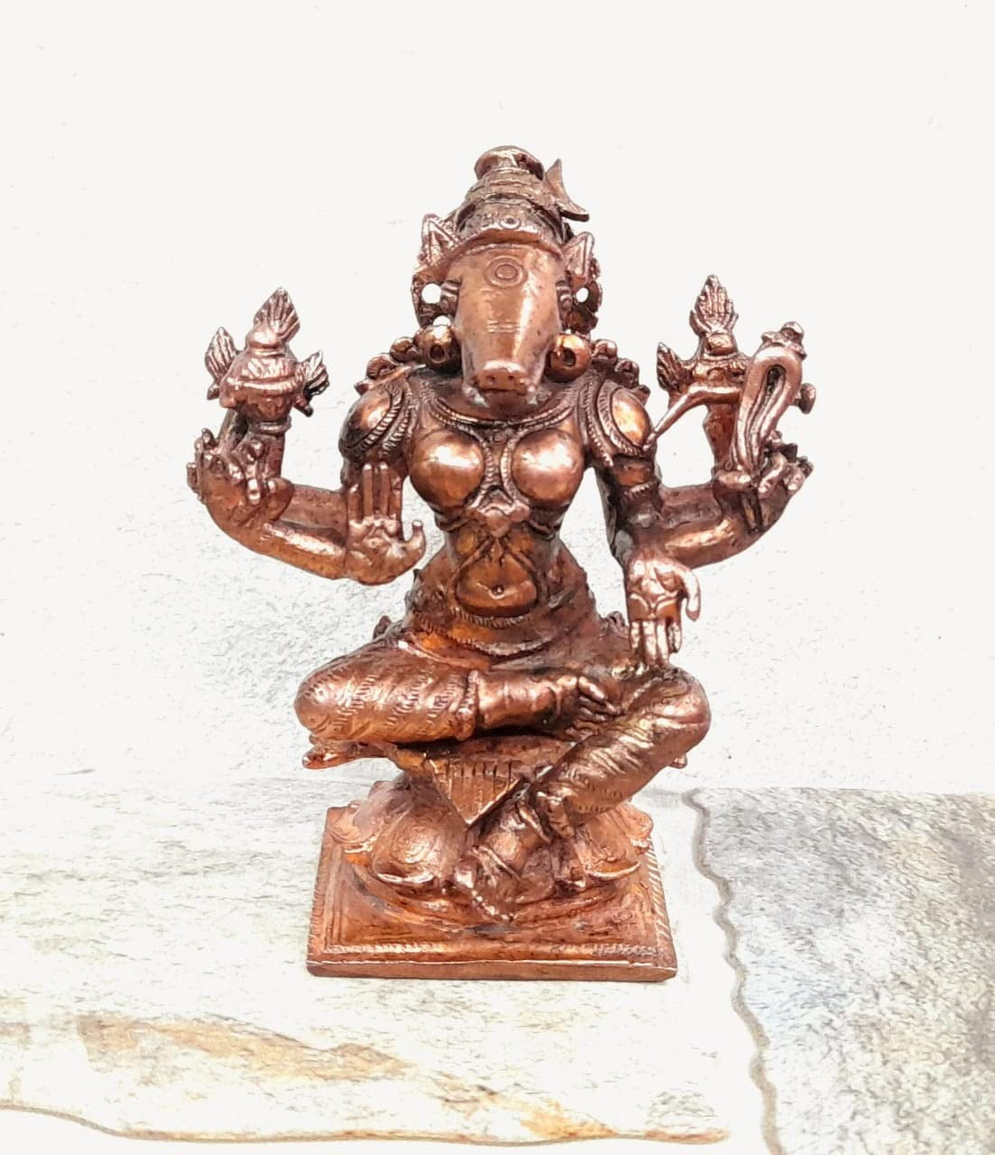 Brownish-Orange Copper Idols India, 3.5 Inches, Handmade Goddess Varahi, 455 Gram, Patina Antique Finish, Pack Of 1 Piece
