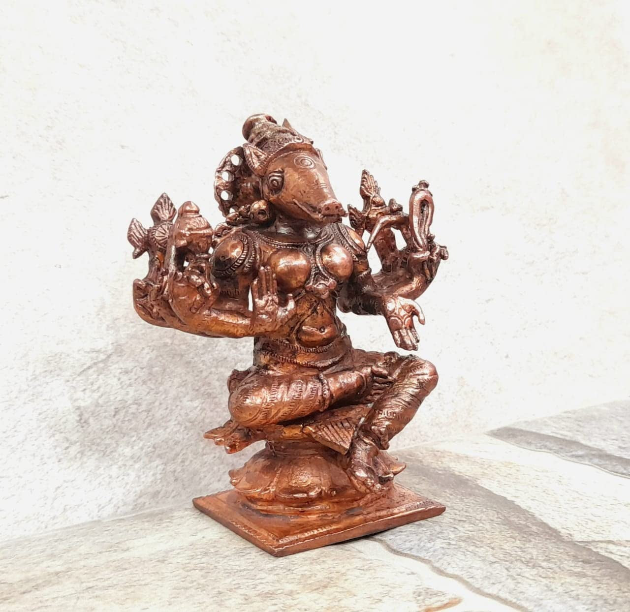 Brownish-Orange Copper Idols India, 3.5 Inches, Handmade Goddess Varahi, 455 Gram, Patina Antique Finish, Pack Of 1 Piece