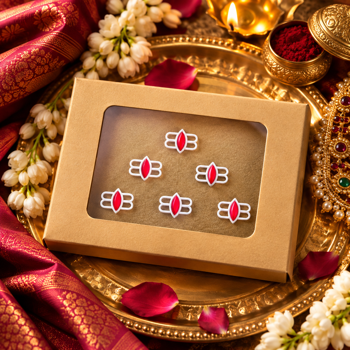 Traditional Lotus Tilak Designer Bindi Set of 6 stickers | Premium White & Red Spiritual Bindis for Pooja & Festivals