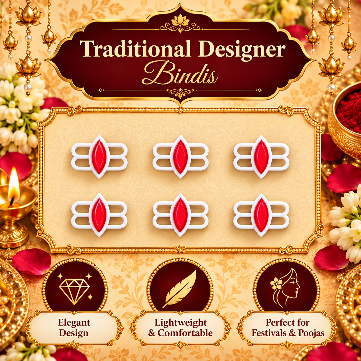 Traditional Lotus Tilak Designer Bindi Set of 6 stickers | Premium White & Red Spiritual Bindis for Pooja & Festivals