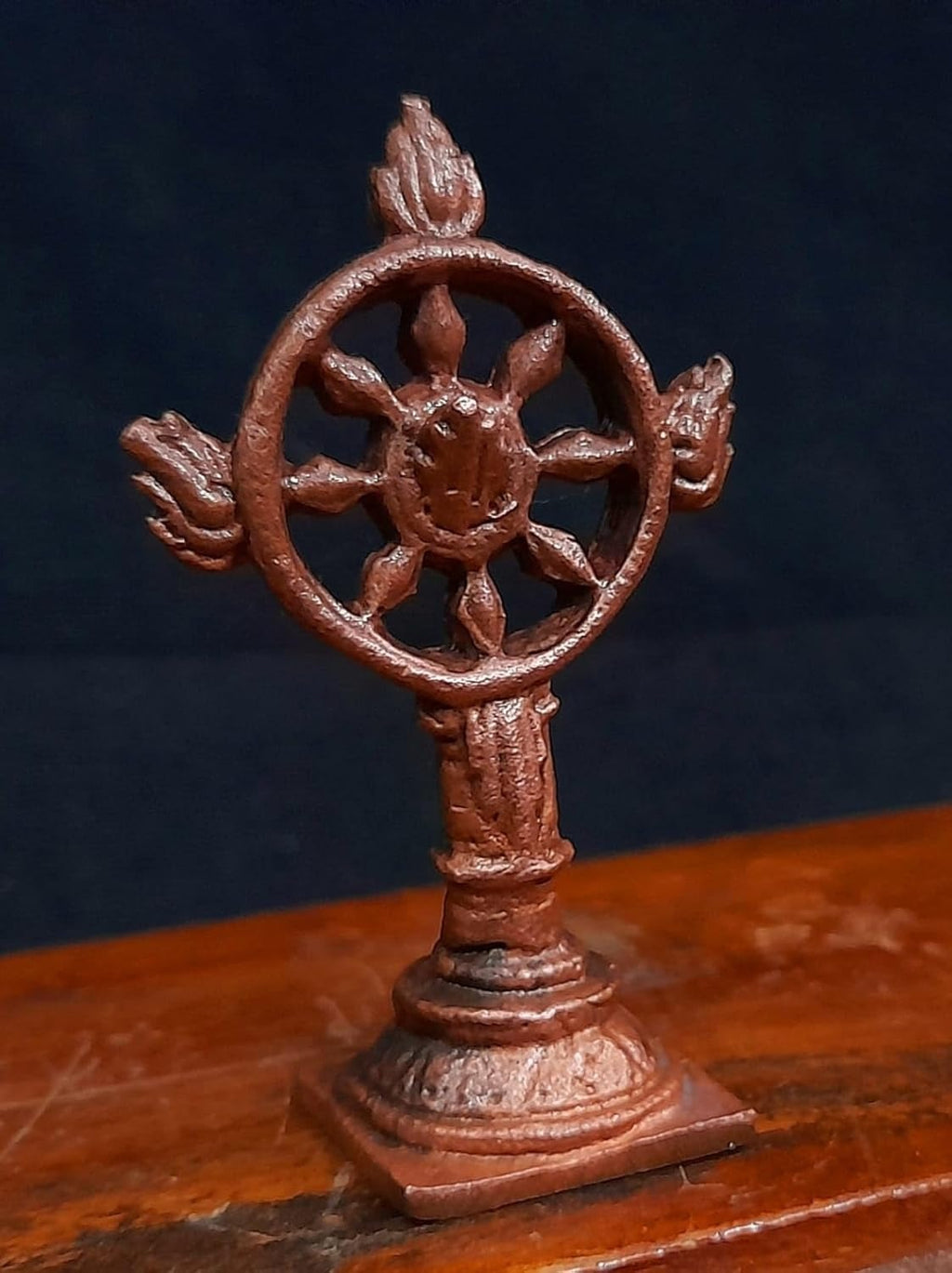 Sacred Sudarshana Chakra Solid Copper Idol – 2.1 Inches | Antique Patina Finish | Handcrafted Divine Disc of Lord Vishnu | Temple Style Murti | Unikraf
