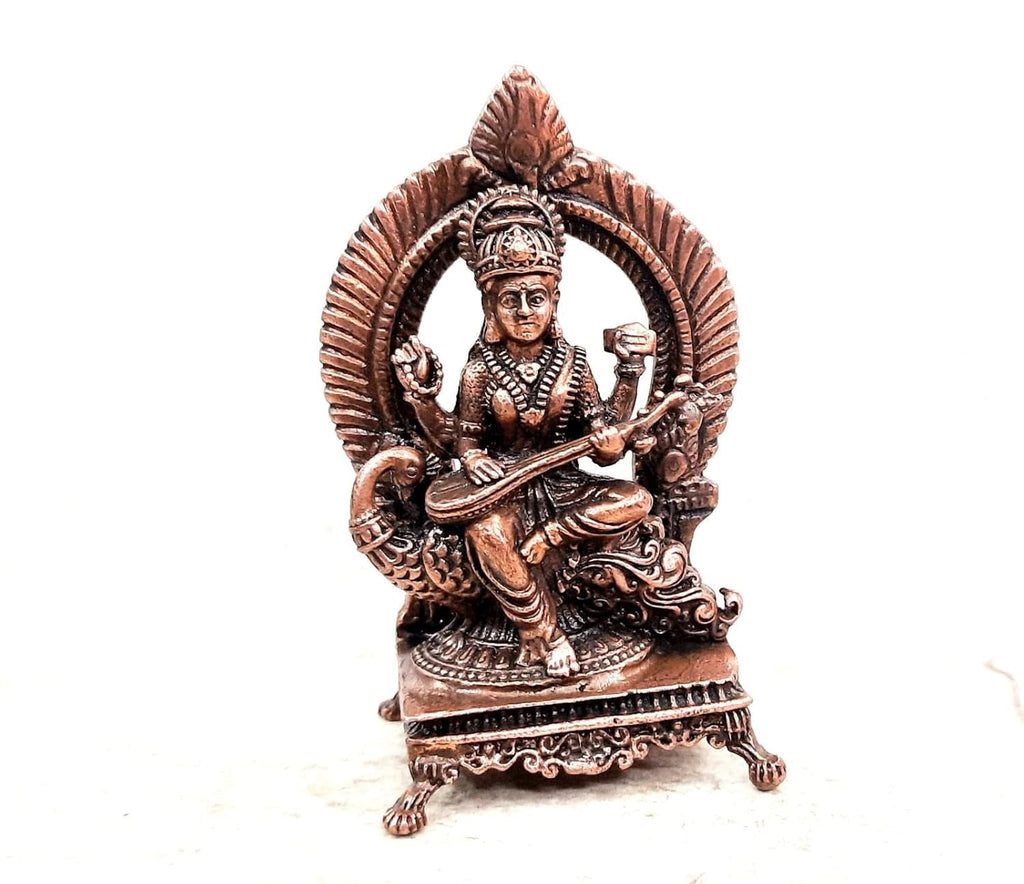 Brownish-Orange Copper Idolsby, 8.5 Cm, Handmade Goddess Saraswathi Idol With Stand 156 Gram, Patina Antique Finish, Pack Of 1 Piece