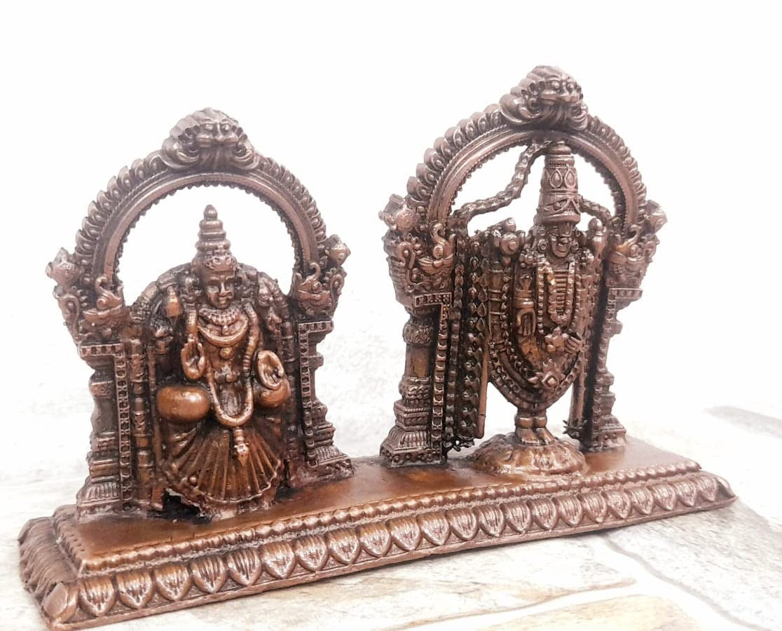 Brownish-Orange Copper Idols India, 3.1 Inches, Handmade Lord Balaji With Lakshmi, 295G, Patina Antique Finish, Pack Of 1 Piece