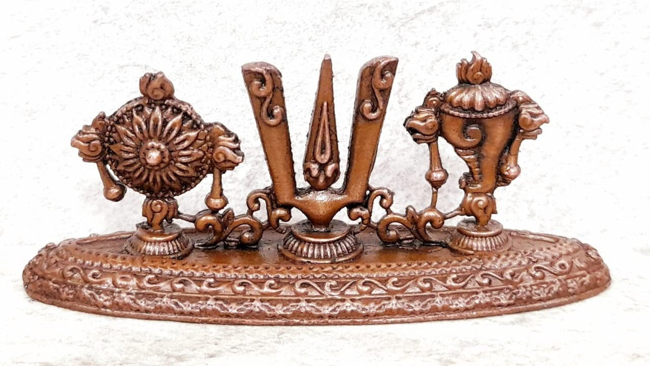 Brownish-Orange Copper Idols India, 1 Inches, Handmadethe Divine Namam Sangu Chakra, 55G, Patina Antique Finish, Pack Of 1 Piece