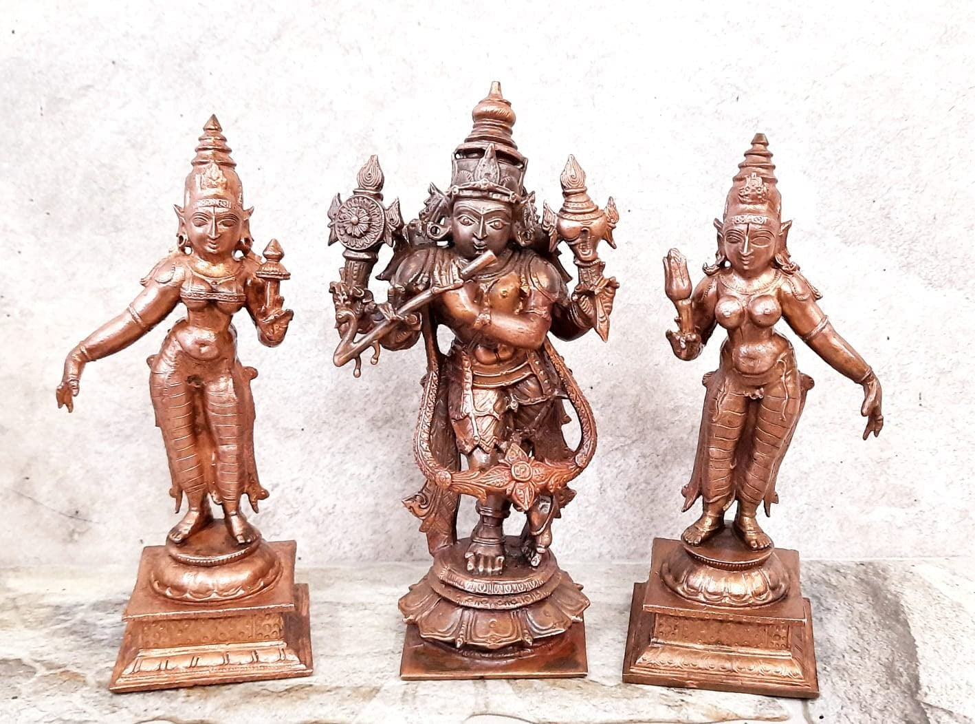 Brownish-Orange Copper Idols Of God Venugopala Swamy With Sridevi And Bhudevi, 5.7 Inches, 1.5 Kg, Patina Antique Finish, Pack Of 3 Piece