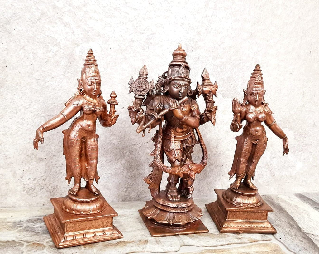 Brownish-Orange Copper Idols Of God Venugopala Swamy With Sridevi And Bhudevi, 5.7 Inches, 1.5 Kg, Patina Antique Finish, Pack Of 3 Piece