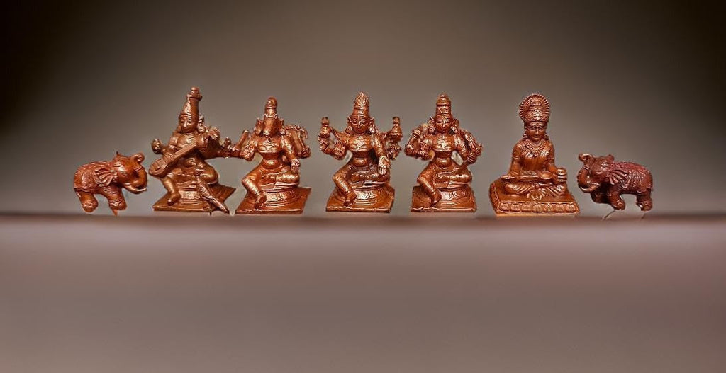 Sacred Copper Hindu Deity Combo Idol Set – Elephant, Lakshmi, Varahi, Raja Rajeshwari, Saraswathi, Annapoorani | Handmade Antique Finish | Pack of 7 Pieces