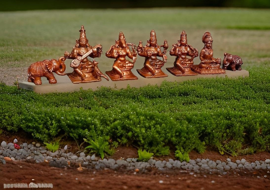 Sacred Copper Hindu Deity Combo Idol Set – Elephant, Lakshmi, Varahi, Raja Rajeshwari, Saraswathi, Annapoorani | Handmade Antique Finish | Pack of 7 Pieces