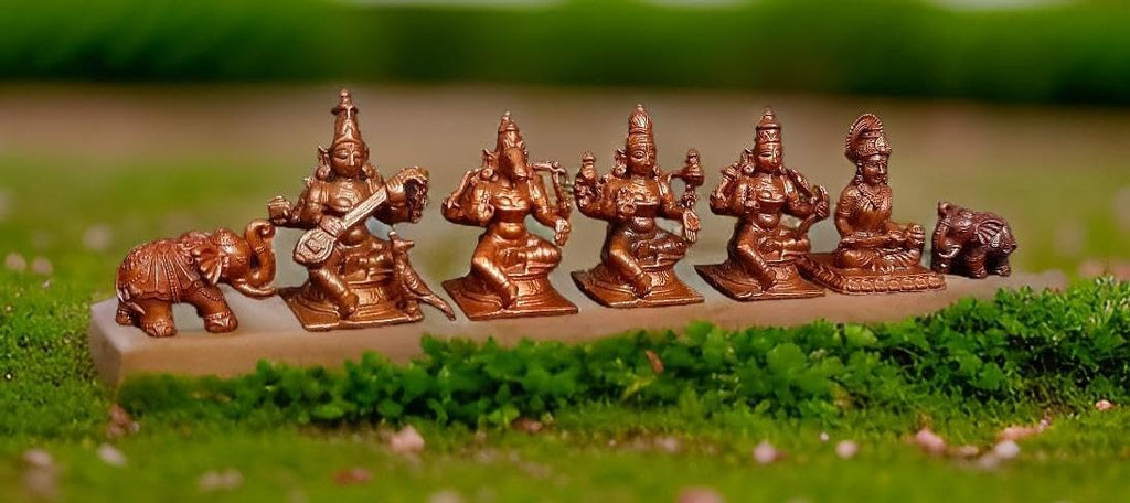 Sacred Copper Hindu Deity Combo Idol Set – Elephant, Lakshmi, Varahi, Raja Rajeshwari, Saraswathi, Annapoorani | Handmade Antique Finish | Pack of 7 Pieces