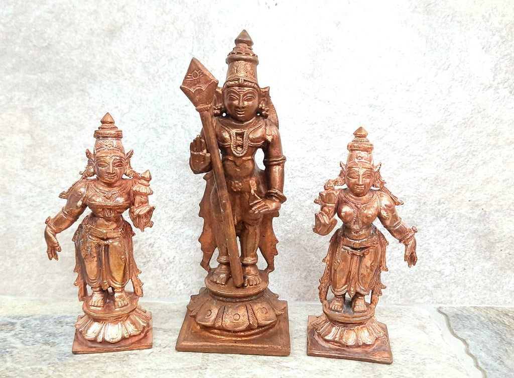 Sacred Lord Murugan with Valli & Deivanai Temple-Style Solid Copper Idols – 4.5 Inch | 630g | Antique Patina Finish