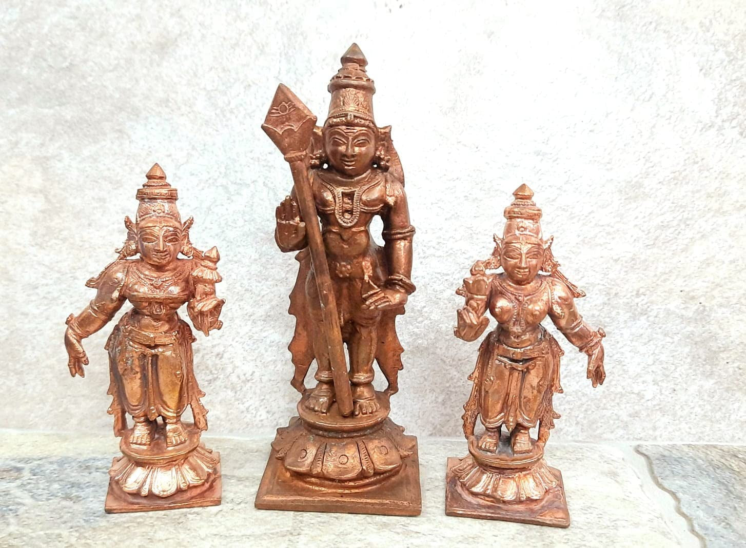 Brownish-Orange Copper Idols Of God Murugar With Valli And Deivanani By Unikraf , 4.5 Inches, 630, Patina Antique Finish, Pack Of 3 Piece