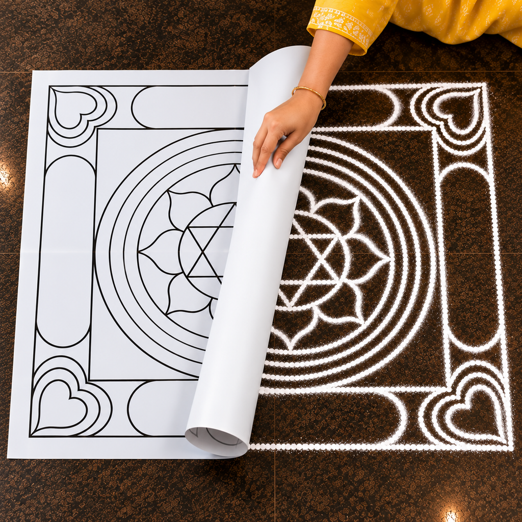 Ashtadhalam with Shatkonam Flex Stencil | Traditional Floral Mandala Kolam Design | Reusable Rangoli Stencil for Pooja, Festivals & Spiritual Decor